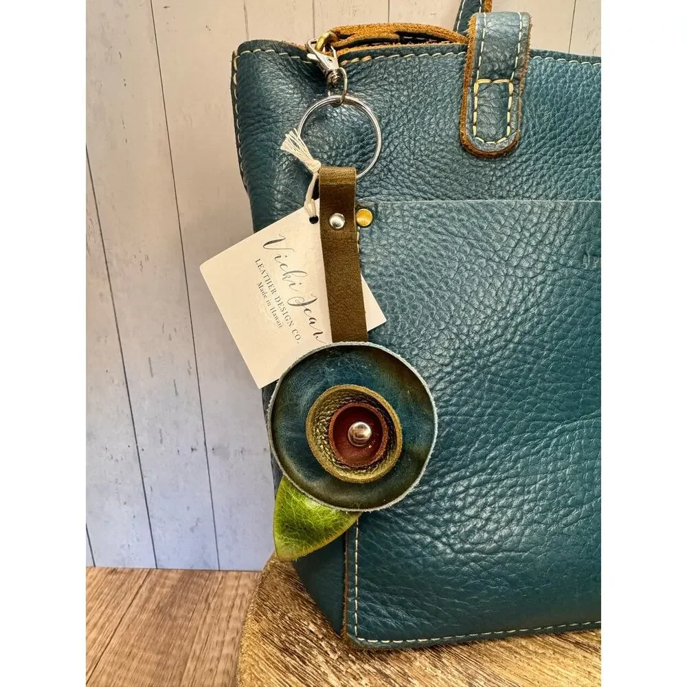 Genuine Leather Round Flower Purse Charm Blue Green Plum Flower Boho Bag Charm